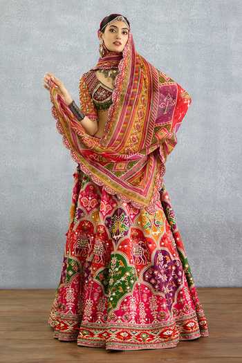 Buy_Torani_Multi Color Silk, Organza Sweetheart Neck Rangili Dhruvi Patola Lehenga Set 