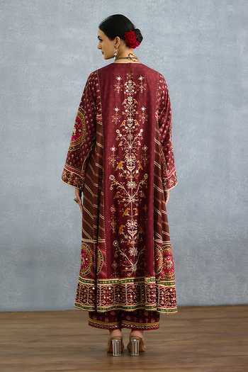 Shop_Torani_Maroon Silk Mandarin Collar, Yes Surkhi Tisya Printed Kurta Set _at_Aza_Fashions
