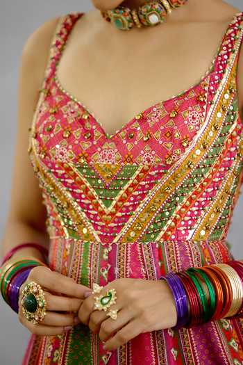 Shop_Torani_Multi Color Silk, Organza V-neck Rangili Anusha Printed Anarkali Set _Online_at_Aza_Fashions
