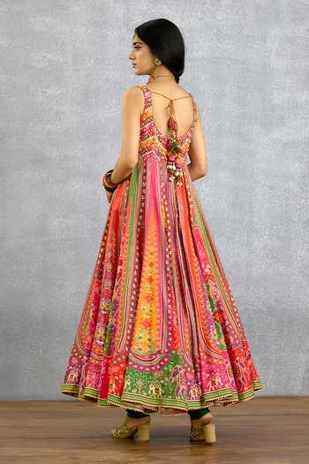Shop_Torani_Multi Color Silk, Organza V-neck Rangili Anusha Printed Anarkali Set _at_Aza_Fashions