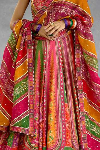 Shop_Torani_Multi Color Silk, Organza V-neck Rangili Anusha Printed Anarkali Set 