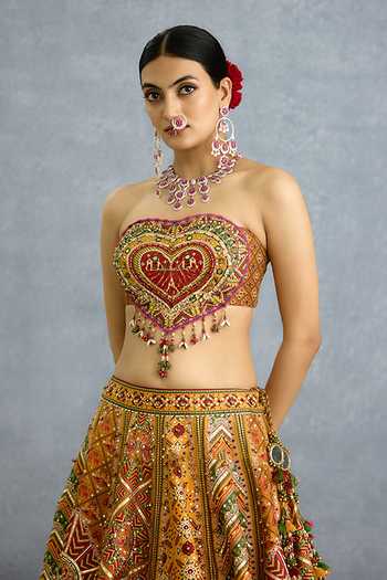 Torani_Yellow Silk, Organza Sweetheart , Bandeau Kanak Dil Meher Lehenga Set _Online_at_Aza_Fashions