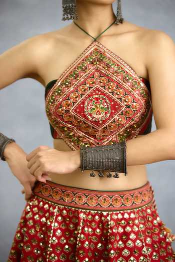 Torani_Multi Color Silk Halter Neck Chitrita Mirali Lehenga And Blouse Set _Online_at_Aza_Fashions