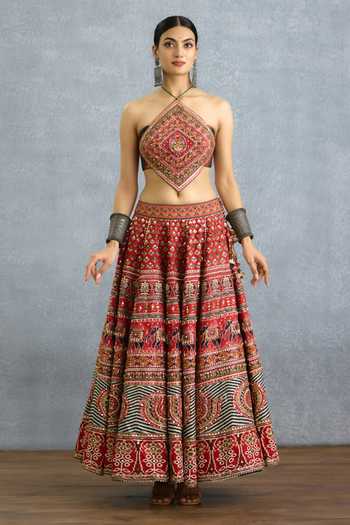 Buy_Torani_Multi Color Silk Halter Neck Chitrita Mirali Lehenga And Blouse Set _Online_at_Aza_Fashions
