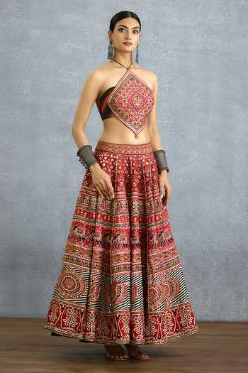 Shop_Torani_Multi Color Silk Halter Neck Chitrita Mirali Lehenga And Blouse Set _Online_at_Aza_Fashions