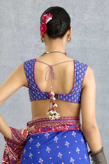 Shop_Torani_Blue Silk Sweetheart Neck Niladri Sanvitha Blouse _at_Aza_Fashions