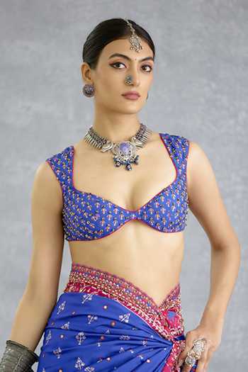 Torani_Blue Silk Sweetheart Neck Niladri Sanvitha Blouse _Online_at_Aza_Fashions