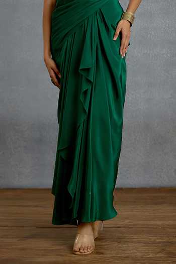 Torani_Red Silk Sweetheart Neck, Open Harit Rasa Patola Jacket And Draped Dhoti Skirt Set _Online_at_Aza_Fashions