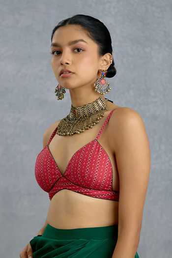Buy_Torani_Red Silk Sweetheart Neck, Open Harit Rasa Patola Jacket And Draped Dhoti Skirt Set _Online_at_Aza_Fashions