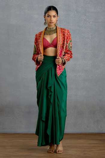Shop_Torani_Red Silk Sweetheart Neck, Open Harit Rasa Patola Jacket And Draped Dhoti Skirt Set _Online_at_Aza_Fashions