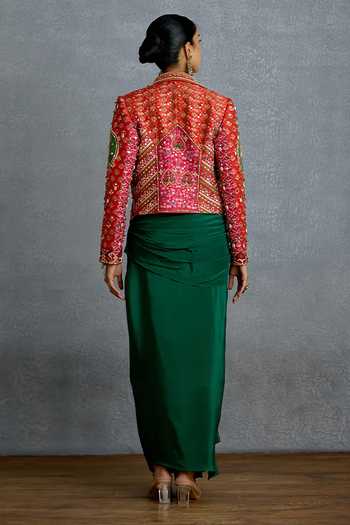 Shop_Torani_Red Silk Sweetheart Neck, Open Harit Rasa Patola Jacket And Draped Dhoti Skirt Set _at_Aza_Fashions