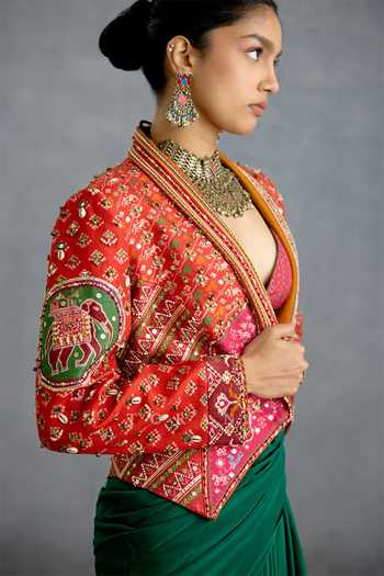 Torani_Red Silk Sweetheart Neck, Open Harit Rasa Patola Jacket And Draped Dhoti Skirt Set _at_Aza_Fashions