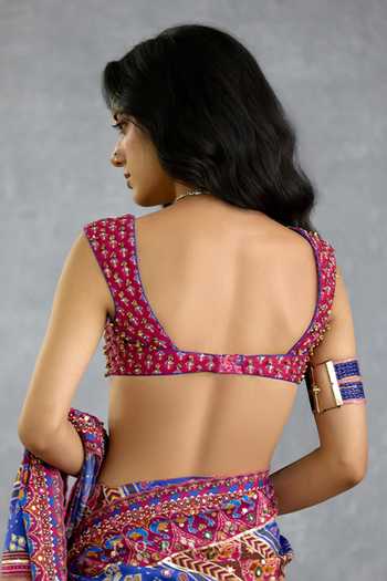Shop_Torani_Pink Silk Square Neck Gul Ena Printed Blouse _at_Aza_Fashions