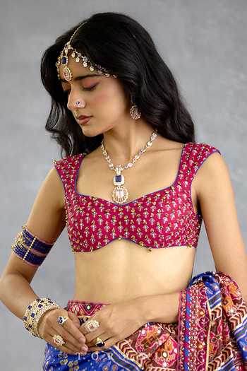 Torani_Pink Silk Square Neck Gul Ena Printed Blouse _Online_at_Aza_Fashions