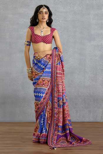 Buy_Torani_Pink Silk Square Neck Gul Ena Printed Blouse _Online_at_Aza_Fashions