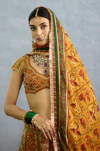 Torani_Multi Color Silk, Organza V-neck Kanak Dil Meher Iksha Lehenga Set _Online_at_Aza_Fashions