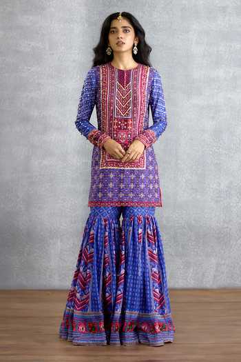 Torani_Blue Silk, Organza Round Neck, Yes Niladri Atasi Printed Sharara Set _Online_at_Aza_Fashions