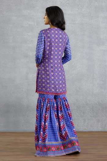 Shop_Torani_Blue Silk, Organza Round Neck, Yes Niladri Atasi Printed Sharara Set _at_Aza_Fashions