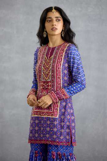 Buy_Torani_Blue Silk, Organza Round Neck, Yes Niladri Atasi Printed Sharara Set _Online_at_Aza_Fashions