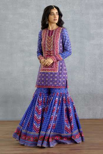 Torani_Blue Silk, Organza Round Neck, Yes Niladri Atasi Printed Sharara Set _at_Aza_Fashions