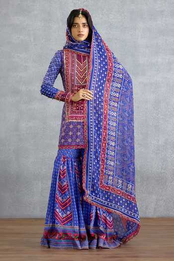 Buy_Torani_Blue Silk, Organza Round Neck, Yes Niladri Atasi Printed Sharara Set _at_Aza_Fashions