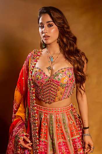 Shop_Torani_Multi Color Silk, Organza Sweetheart Neck Rangili Dhruvi Drashti Lehenga Set 
