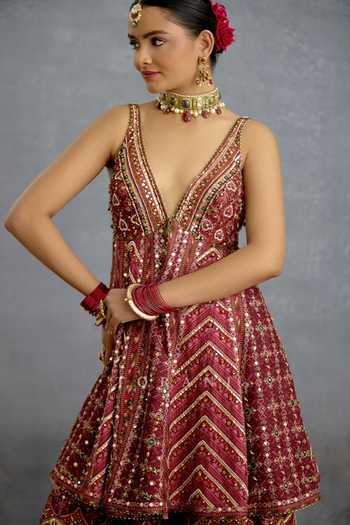 Torani_Maroon Silk, Organza V-neck, Yes Rangila Patola Kali Kurta Sharara Set _Online_at_Aza_Fashions