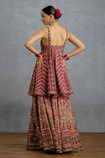 Shop_Torani_Maroon Silk, Organza V-neck, Yes Rangila Patola Kali Kurta Sharara Set _at_Aza_Fashions