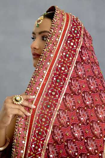 Buy_Torani_Maroon Silk, Organza V-neck, Yes Rangila Patola Kali Kurta Sharara Set _Online_at_Aza_Fashions