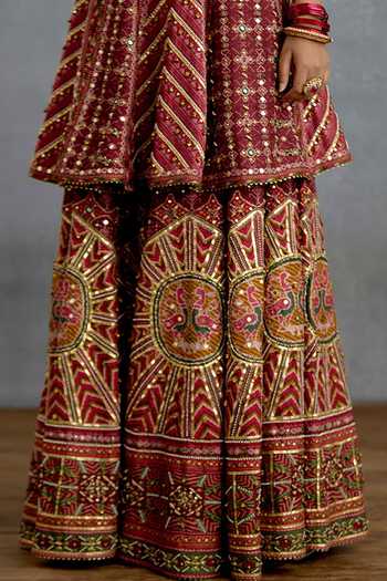 Shop_Torani_Maroon Silk, Organza V-neck, Yes Rangila Patola Kali Kurta Sharara Set _Online_at_Aza_Fashions