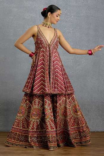 Torani_Maroon Silk, Organza V-neck, Yes Rangila Patola Kali Kurta Sharara Set _at_Aza_Fashions