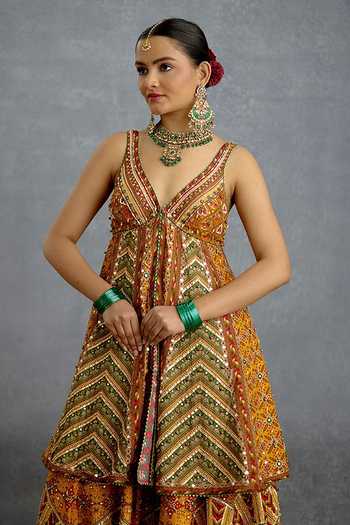 Torani_Multi Color Silk, Organza V-neck Kanak Patola Kali Kurta Sharara Set _Online_at_Aza_Fashions