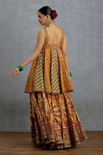 Shop_Torani_Multi Color Silk, Organza V-neck Kanak Patola Kali Kurta Sharara Set _at_Aza_Fashions