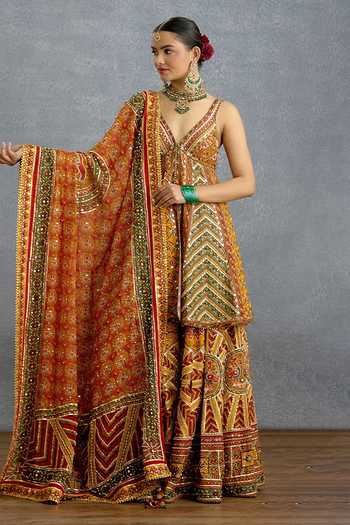 Buy_Torani_Multi Color Silk, Organza V-neck Kanak Patola Kali Kurta Sharara Set _at_Aza_Fashions