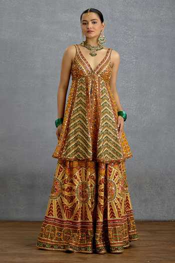 Shop_Torani_Multi Color Silk, Organza V-neck Kanak Patola Kali Kurta Sharara Set _Online_at_Aza_Fashions