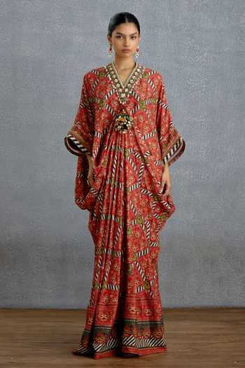 Shop_Torani_Maroon Silk V-neck Raktika Patola Kaftan _at_Aza_Fashions