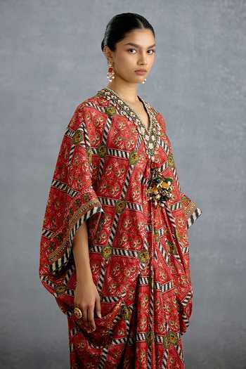 Torani_Maroon Silk V-neck Raktika Patola Kaftan _Online_at_Aza_Fashions