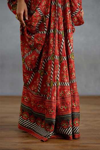 Buy_Torani_Maroon Silk V-neck Raktika Patola Kaftan _Online_at_Aza_Fashions