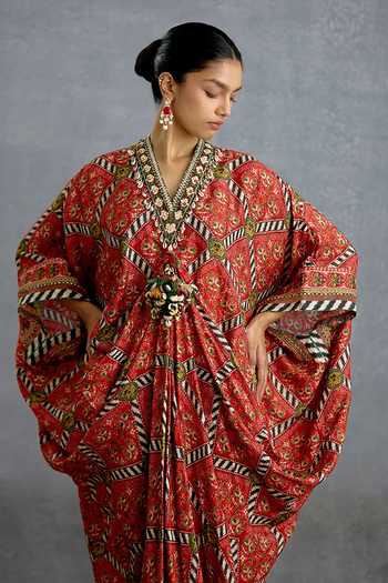 Shop_Torani_Maroon Silk V-neck Raktika Patola Kaftan _Online_at_Aza_Fashions