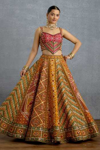 Buy_Torani_Yellow Silk, Organza Sequins Sweetheart Neck Kanak Meher Corset Lehenga Set _Online_at_Aza_Fashions