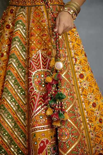 Shop_Torani_Yellow Silk, Organza Sequins Sweetheart Neck Kanak Meher Corset Lehenga Set _Online_at_Aza_Fashions
