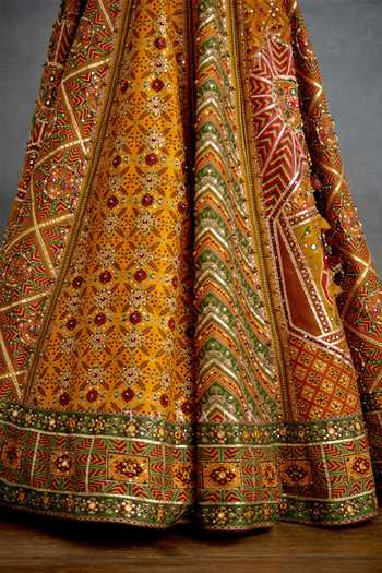 Torani_Yellow Silk, Organza Sequins Sweetheart Neck Kanak Meher Corset Lehenga Set _at_Aza_Fashions