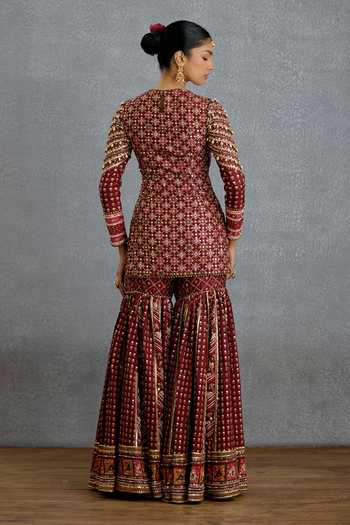 Shop_Torani_Maroon Silk, Organza Round Neck, Yes Zeenat Virasa Sharara Set _at_Aza_Fashions