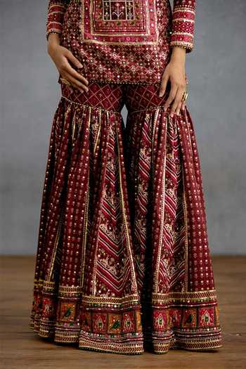Torani_Maroon Silk, Organza Round Neck, Yes Zeenat Virasa Sharara Set _Online_at_Aza_Fashions
