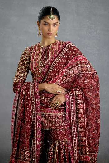 Buy_Torani_Maroon Silk, Organza Round Neck, Yes Zeenat Virasa Sharara Set _Online_at_Aza_Fashions