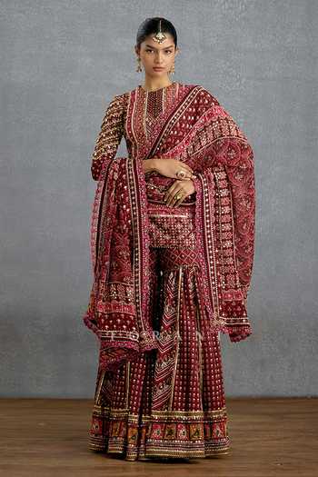 Buy_Torani_Maroon Silk, Organza Round Neck, Yes Zeenat Virasa Sharara Set _at_Aza_Fashions