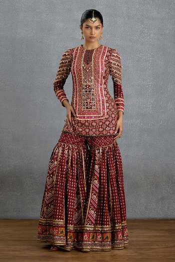 Shop_Torani_Maroon Silk, Organza Round Neck, Yes Zeenat Virasa Sharara Set _Online_at_Aza_Fashions