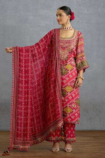 Shop_Torani_Pink Silk, Organza Square Neck Raktangi Patola Kurta Set _Online_at_Aza_Fashions