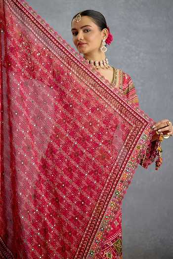 Torani_Pink Silk, Organza Square Neck Raktangi Patola Kurta Set _at_Aza_Fashions