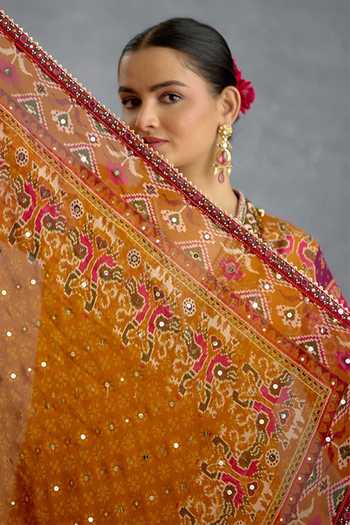 Torani_Yellow Silk, Organza V-neck, Yes Sunehri Virasa Patola Kurta Set _at_Aza_Fashions